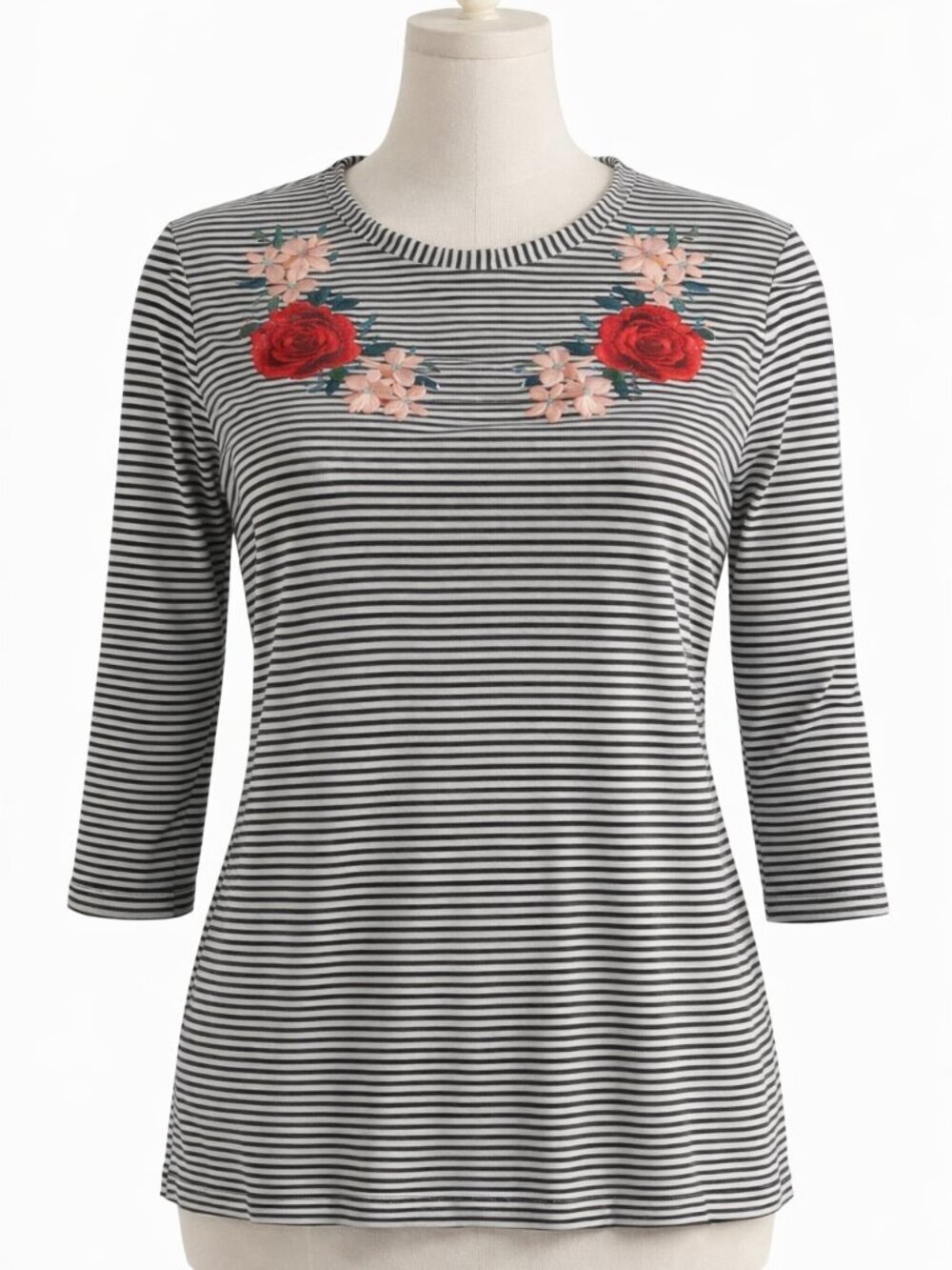 Bahooman Striped Floral Embroidered Soft Knit Top M - Picture 1 of 7
